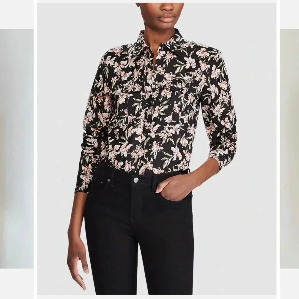 Lauren Ralph Lauren Courtenay black with pink floral design top size small - Picture 2 of 10